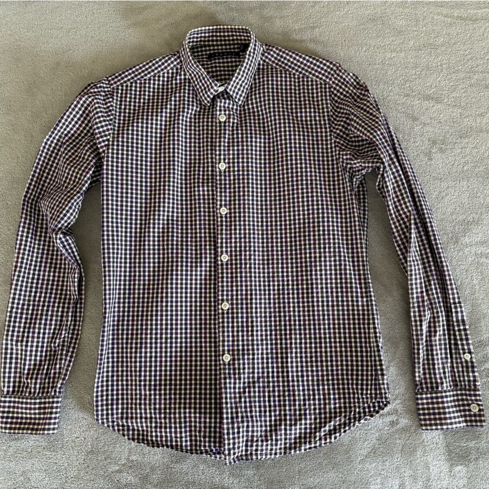 Theory Men's Plaid Button Down Shirt - purple, charcoal and White gingham XS